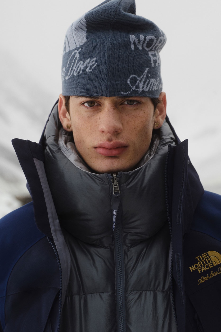 Aime Leon Dore North Face yazılı bere ve Nuptse yakası