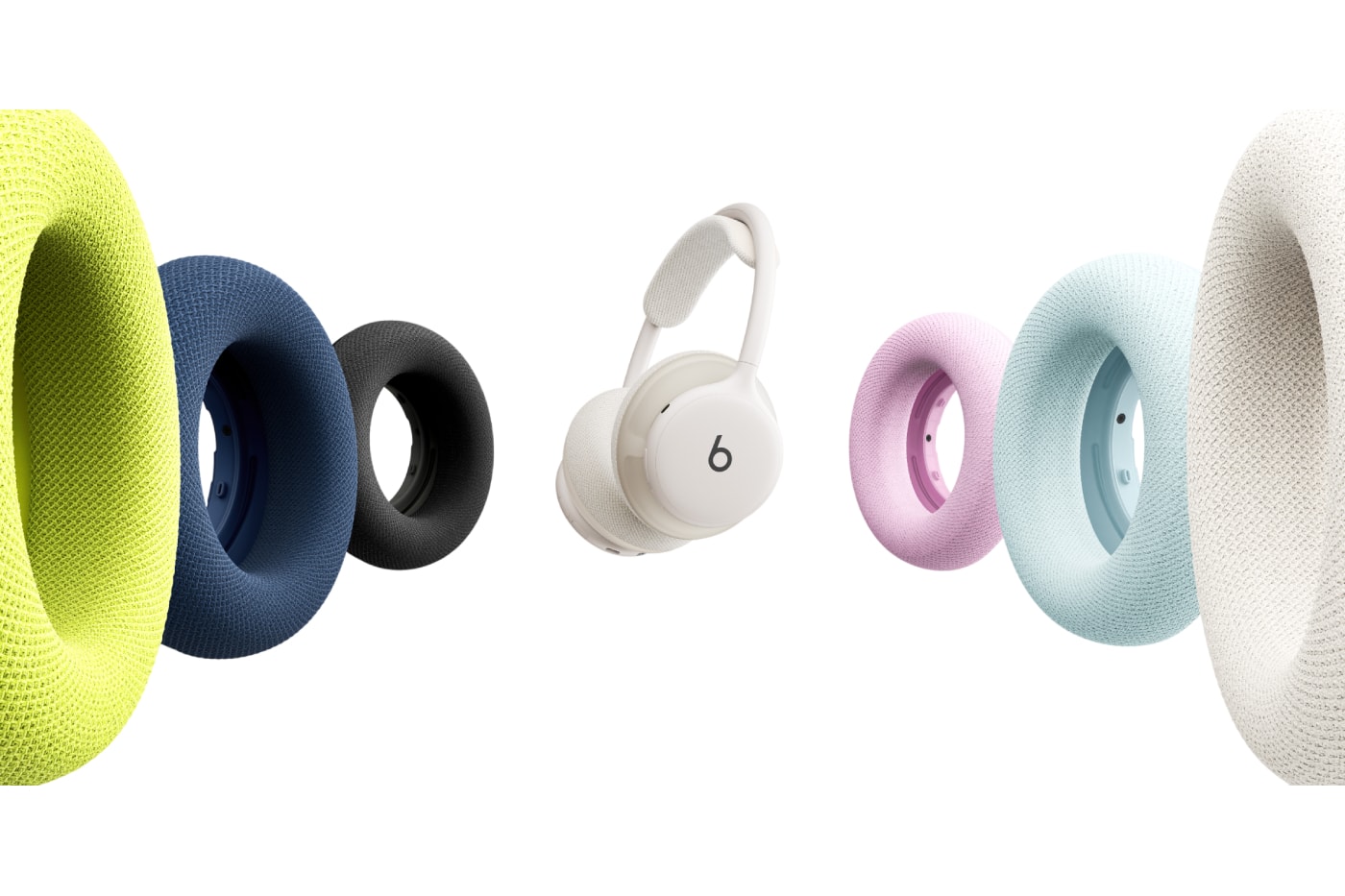 Beats 360 ve değiştirilebilir kulaklık yastıkları: volt, lacivert, siyah, pembe, gökyüzü ve bulut beyazı