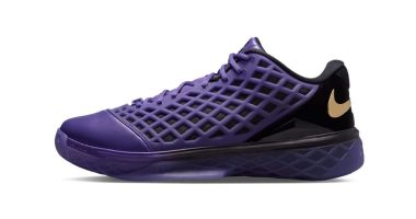 FC Barcelona x Nike Kobe 3 Low Protro modelinin mor kafesli yan görünümü