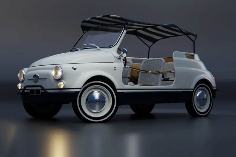 Beyaz ve mavi iki renkli gövdesiyle üstü açık klasik Fiat 500