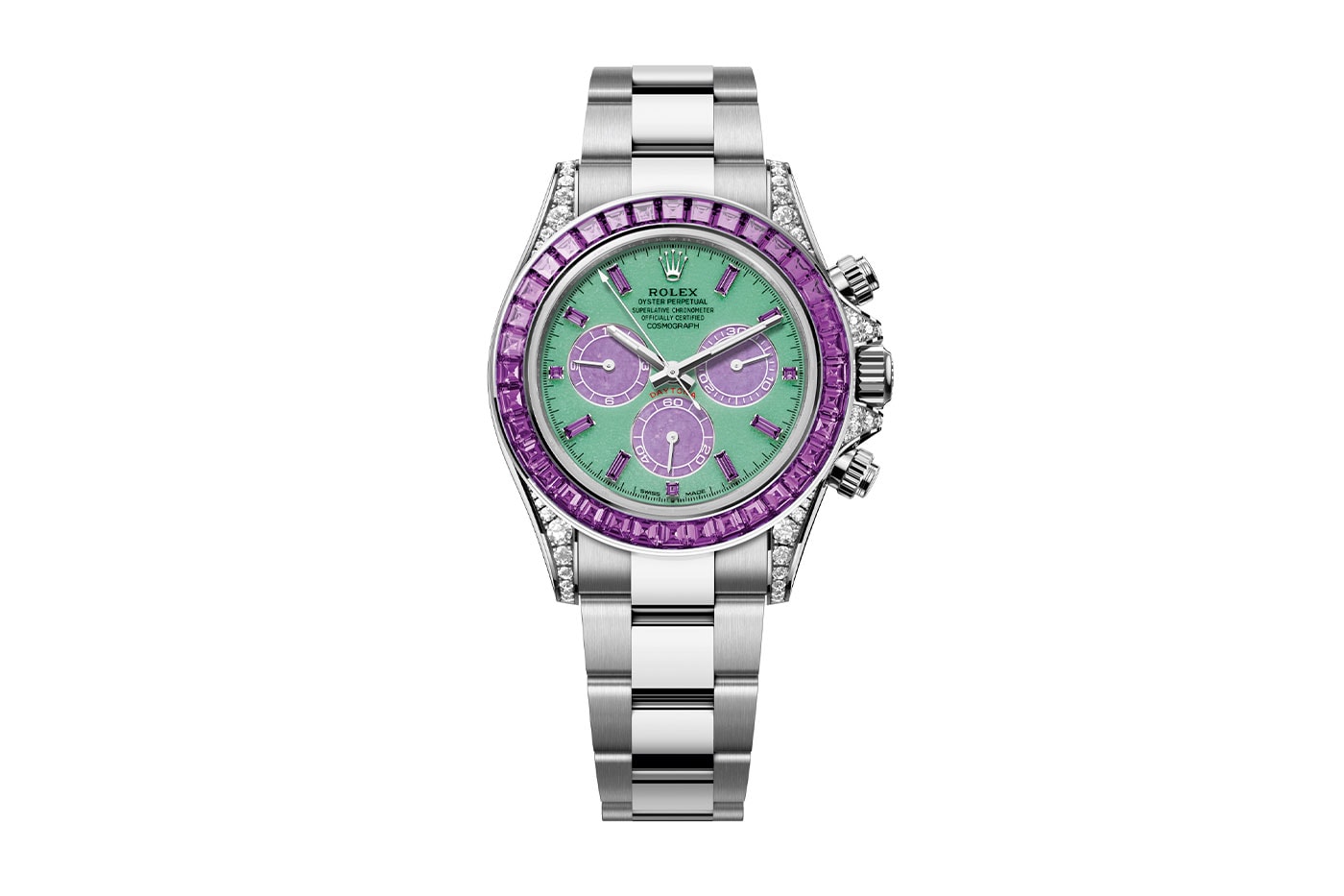 Beyaz altın Spring modeli: krizopraz kadran ve mor safir bezel
