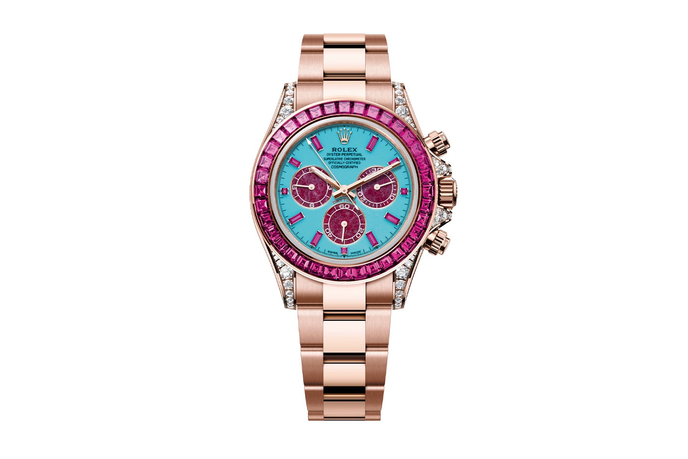 Everose altın Summer modeli: turkuaz kadran ve pembe safir bezel