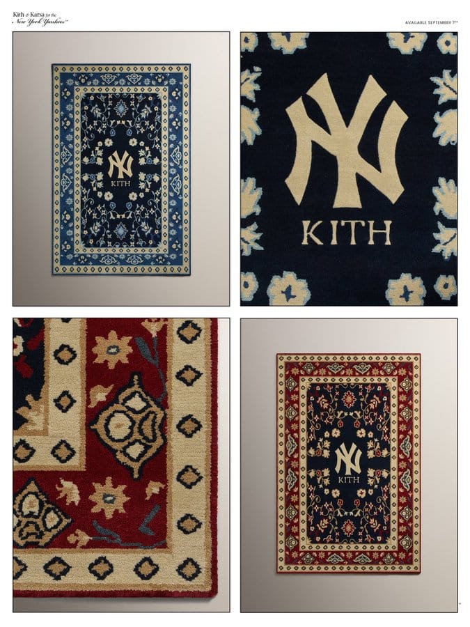 NY amblemi ve Kith yazısını çiçek bordürlerle birleştiren lacivert ve bordo halılar