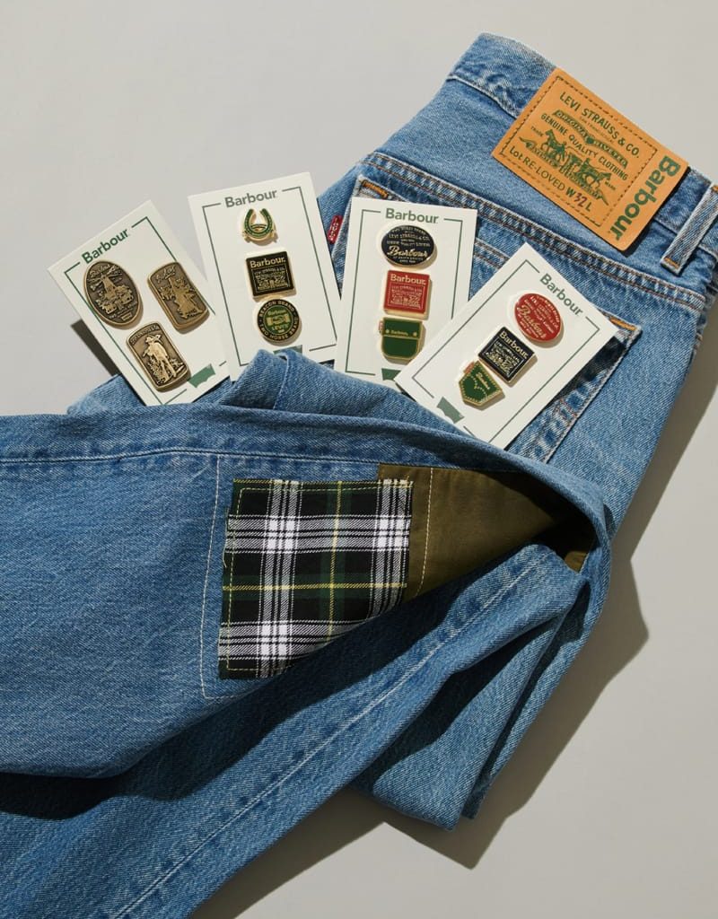 Levi's Barbour Re-Loved 501 pantolon ve rozet seti bir arada