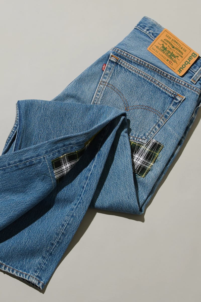 Katlanmış 501'in üzerinde Barbour tartan kumaş detayı