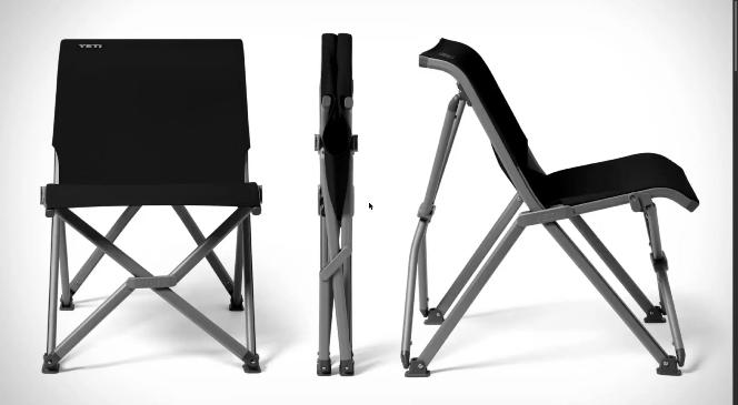 YETI Trailhead Field Chair açık, katlanmış ve yandan görünümüyle üç pozisyonda
