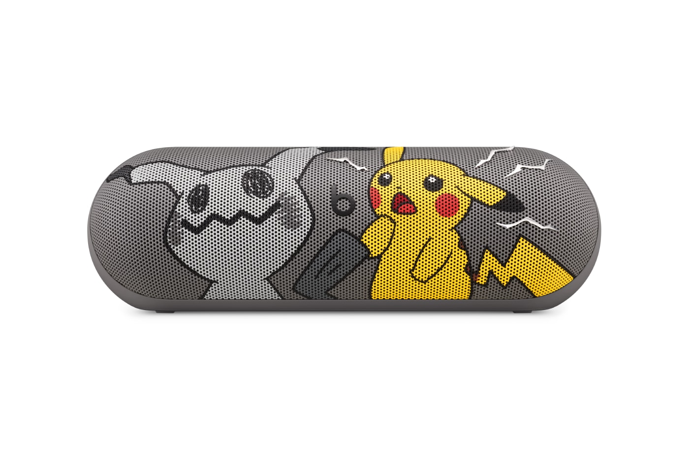 Gri Mimikyu ve sarı Pikachu desenli hoparlör önden