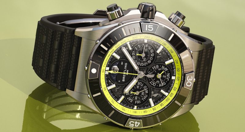 Breitling Aston Martin Valhalla programındaki limon yeşili detaylı Super Chronomat