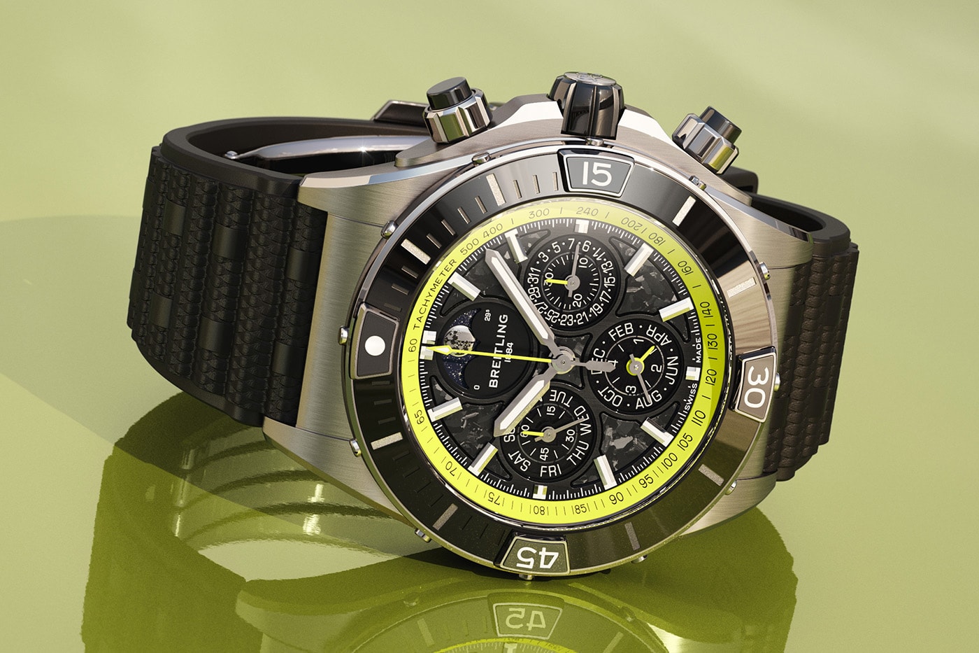 Breitling Aston Martin Valhalla programındaki limon yeşili detaylı Super Chronomat