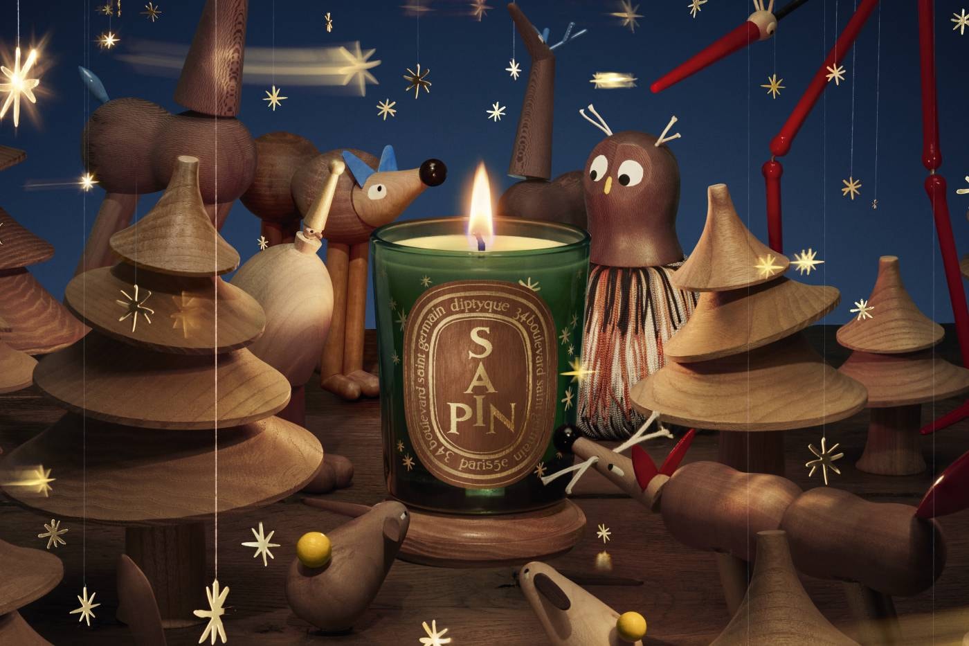Diptyque yılbaşı koleksiyonu Sapin mumu ve ahşap figürler