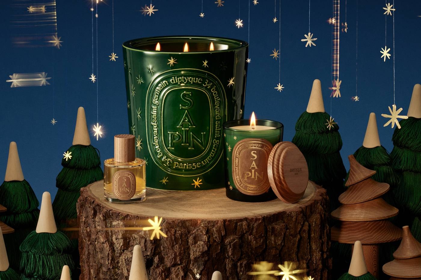 Diptyque yılbaşı koleksiyonu yeşil lake camlı Sapin mumları