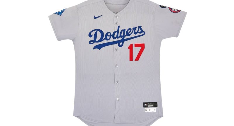 Dodgers yazılı gri deplasman forması önden