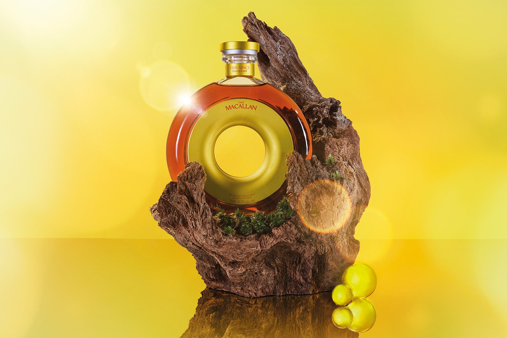 Meşe ağacı parçasına yerleşmiş dairesel Macallan şişesi