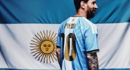 Arjantin bayrağı önünde Messi veda forması giyen Lionel Messi