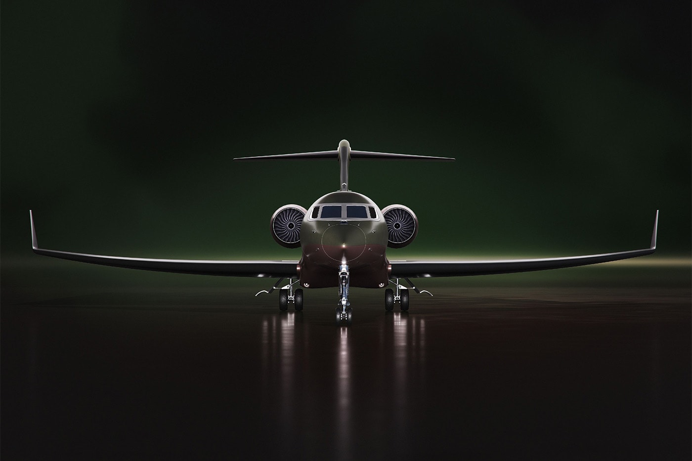 Karanlık hangarda önden görünen Gulfstream G500