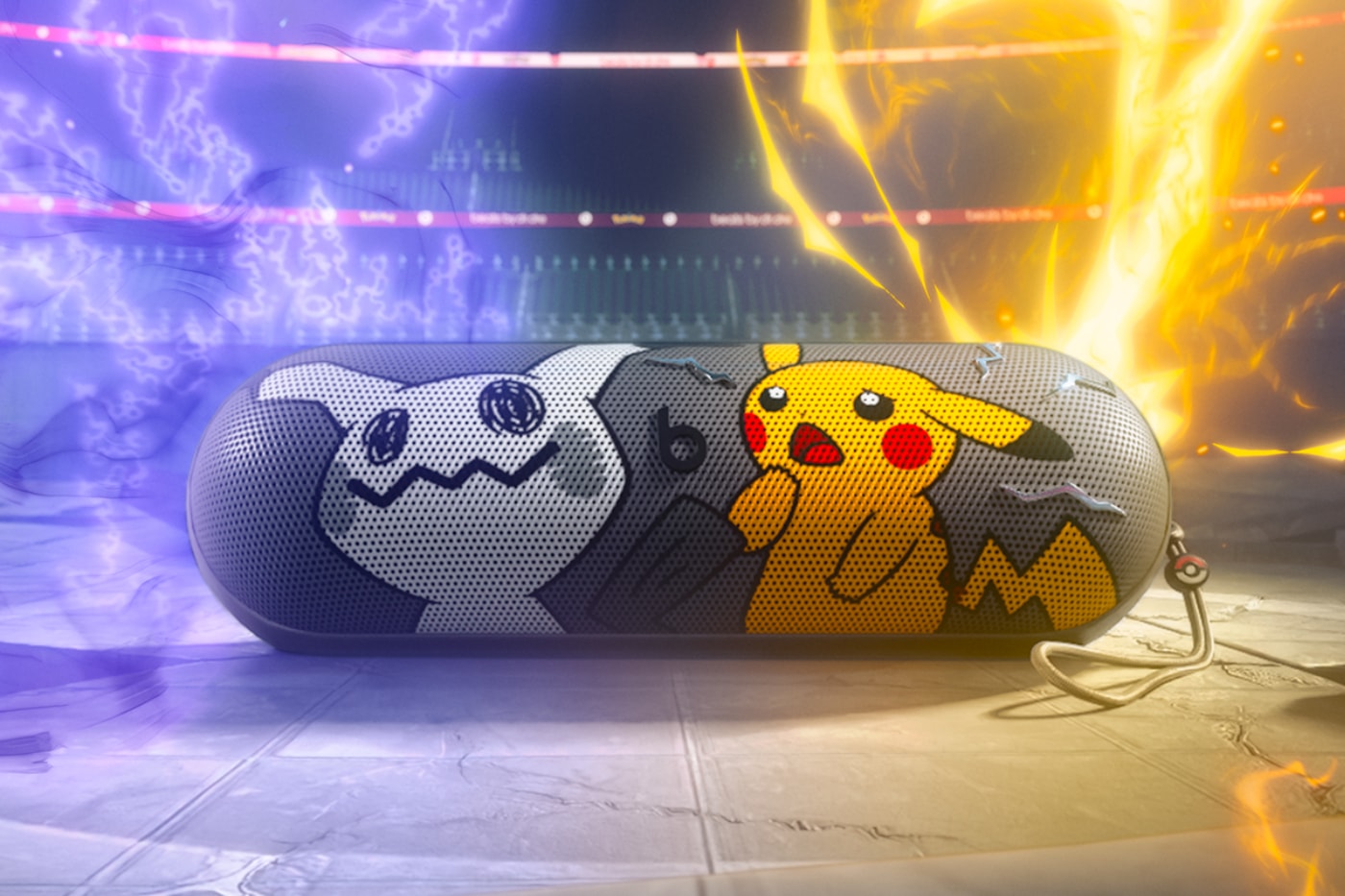 Pokémon Beats Pill, şimşekli bir sahnede Pikachu ve Mimikyu tasarımıyla
