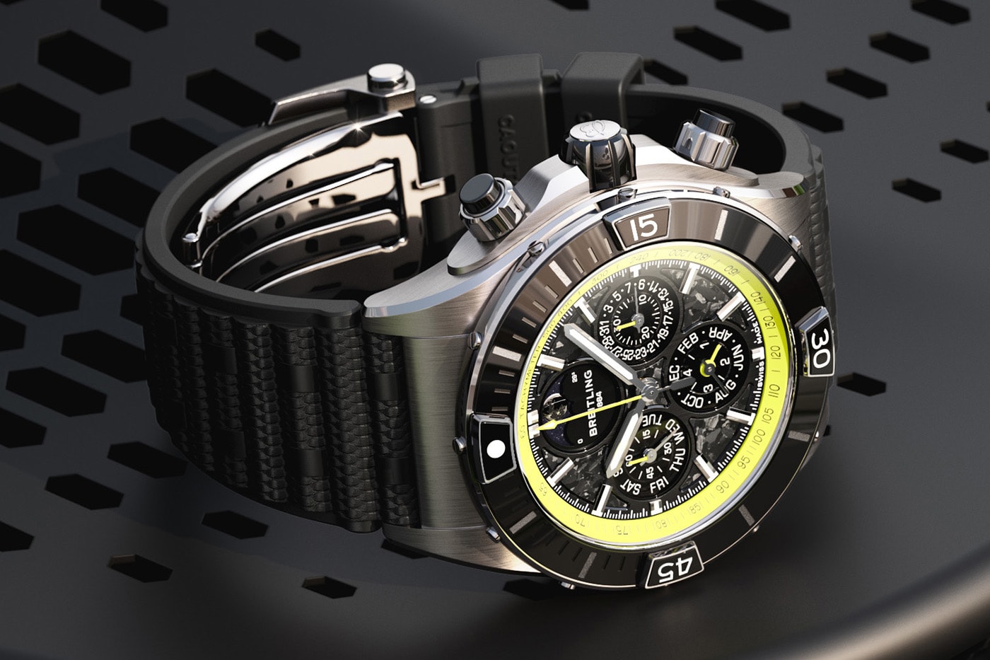 Titanyum kasa ve kauçuk kayışlı Super Chronomat yandan